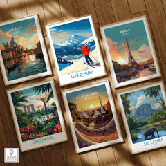 Alpe d'Huez Wall Art Ski Poster displayed among other travel posters including Venice, Paris, Barcelona, Singapore, and Sri Lanka.