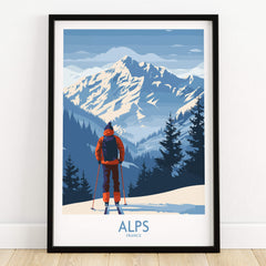 Alps Ski Print - France showcasing a skier overlooking snow-capped mountains and pine trees in the stunning Alps.