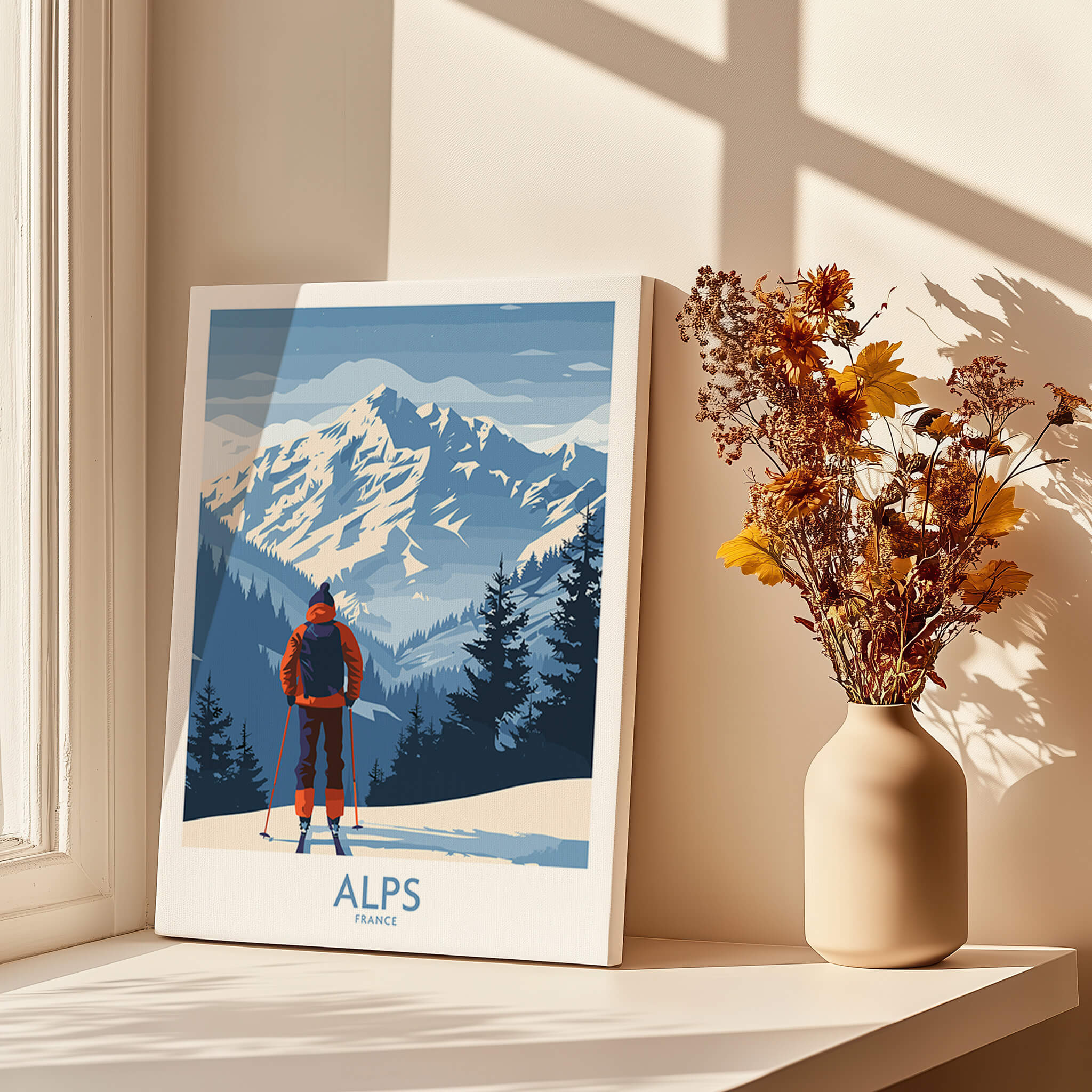Alps Ski Print - France showcasing a skier in the magnificent Alps with a vase of flowers in a sunlit room.