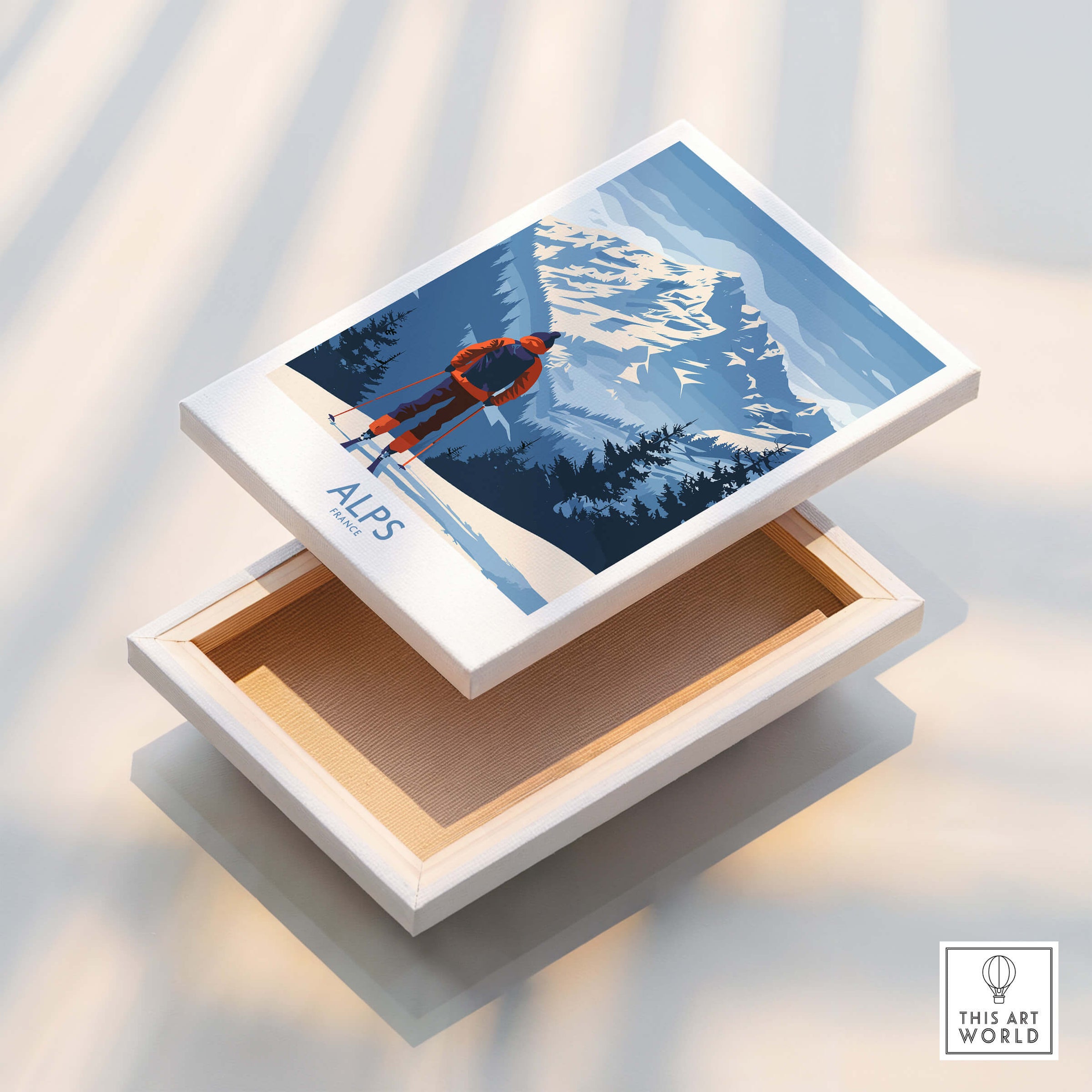 Alps Ski Print - France showcasing snowy mountains and a skier's silhouette on a wooden box design.