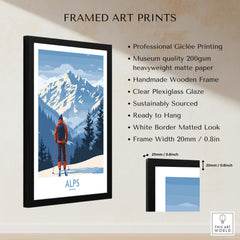 Alps Ski Print - France framed art print featuring snowy mountains and skier, perfect for home decor.