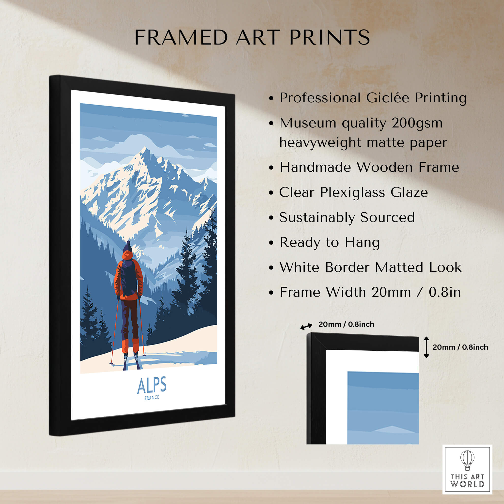 Alps Ski Print - France framed art print featuring snowy mountains and skier, perfect for home decor.
