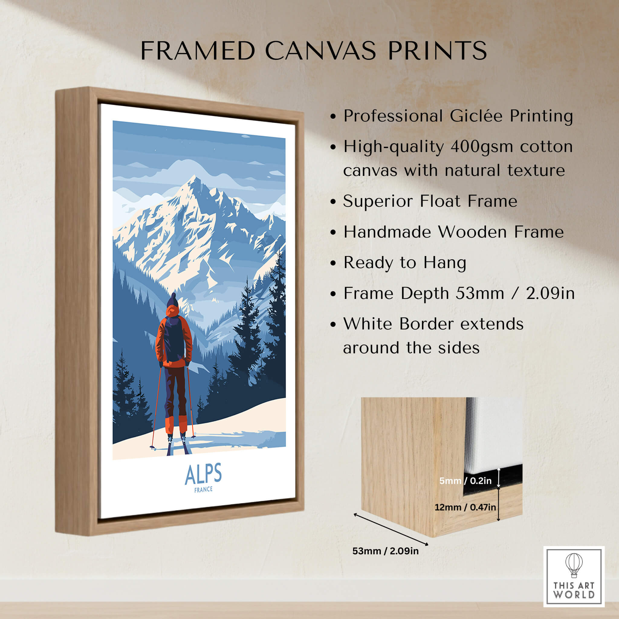 Alps Ski Print -  France framed canvas print showcasing a skier in the Alps with stunning mountain backdrop.