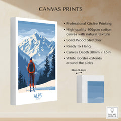 Alps Ski Print - France showcasing a skier against stunning snow-capped mountains on a canvas print.