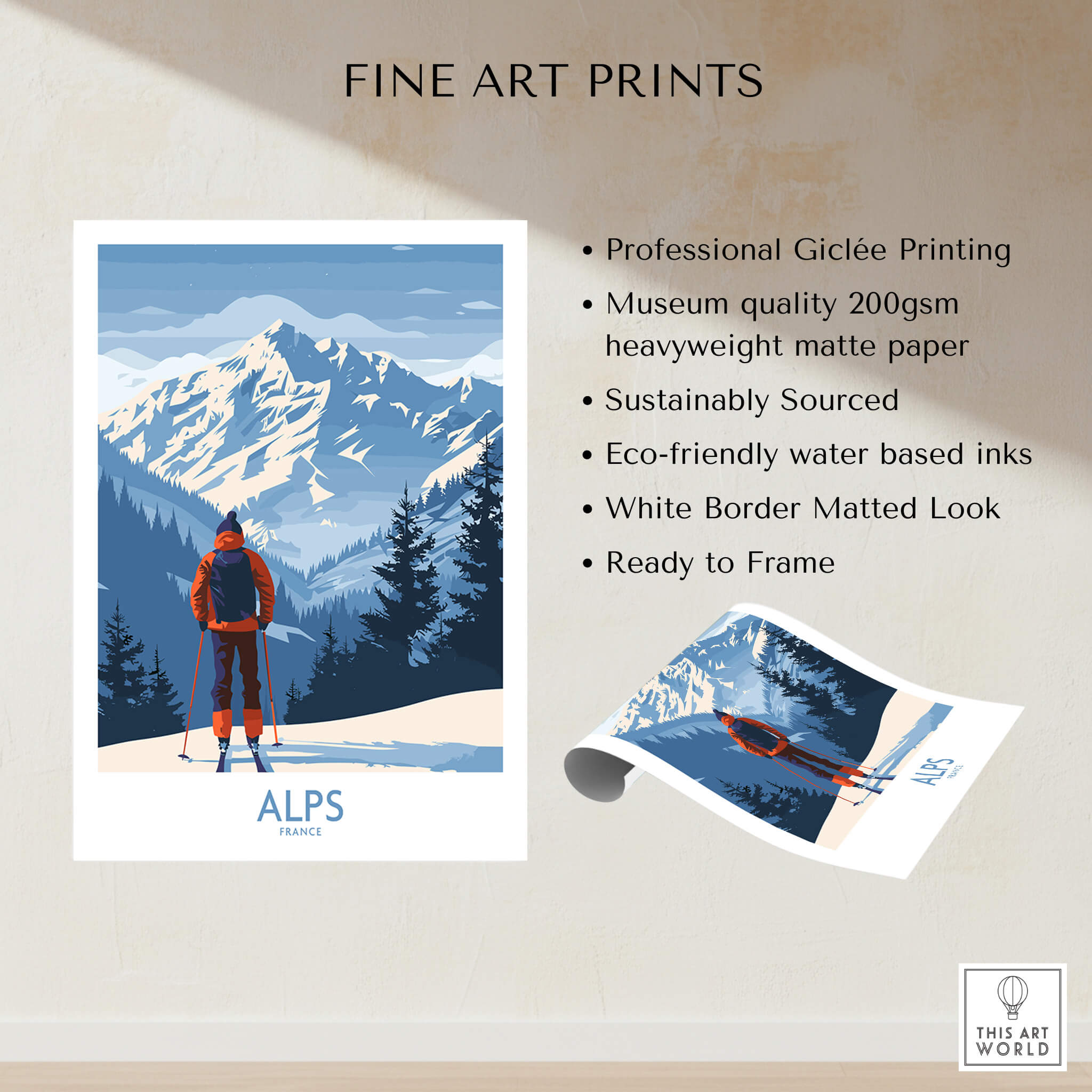 Alps Ski Print - France showcasing stunning snow-capped mountains with a skier, perfect for home decor.