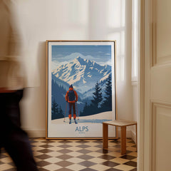 Alps Ski Print - France featuring a skier in a stunning mountain landscape.