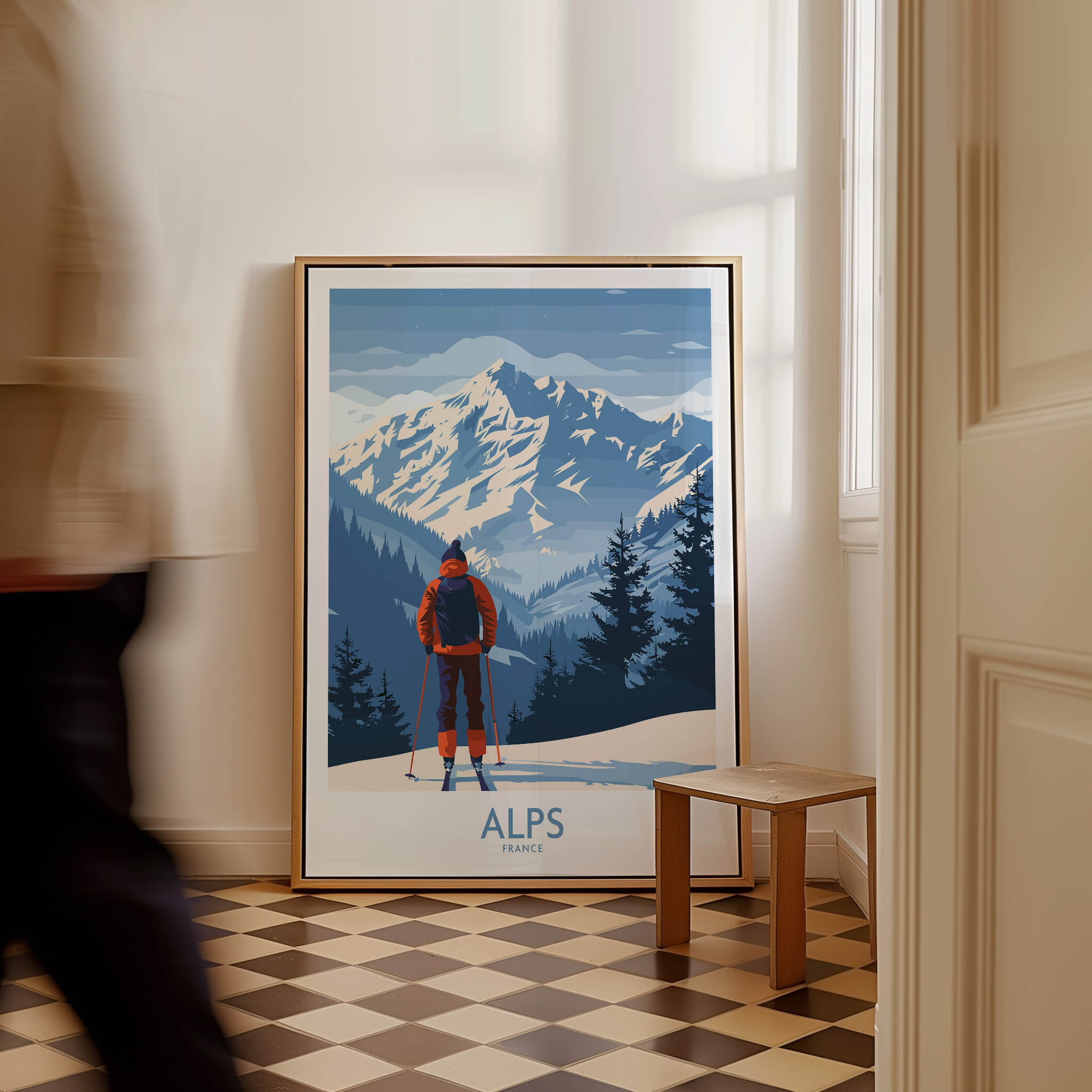 Alps Ski Print - France featuring a skier in a stunning mountain landscape.