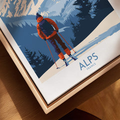 Alps Ski Print - France featuring a skier amidst the breathtaking alpine landscape.