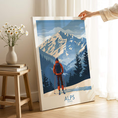 Alps Ski Print - France featuring a skier in the picturesque Alps with snow-capped mountains and tranquil backdrop.