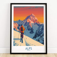 Alps Poster France depicting a skier on a snowy mountain with vibrant sunset colors.