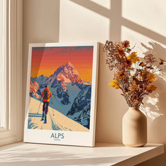 Alps Poster France showcasing a skier against vibrant mountain scenery, perfect for ski enthusiasts.