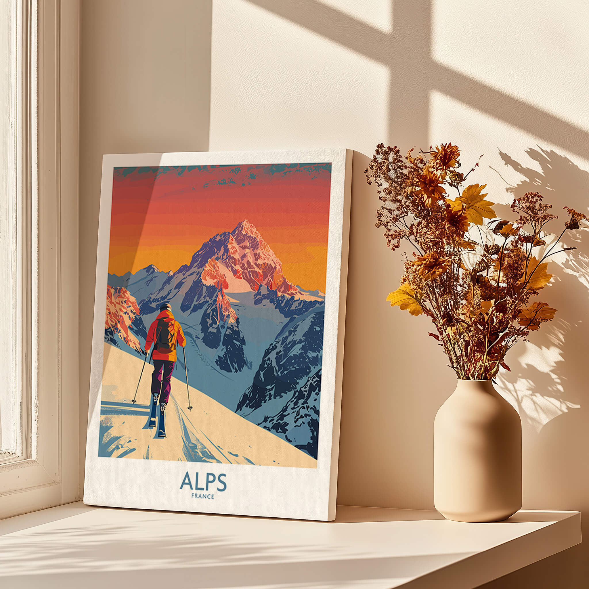 Alps Poster France showcasing a skier against vibrant mountain scenery, perfect for ski enthusiasts.