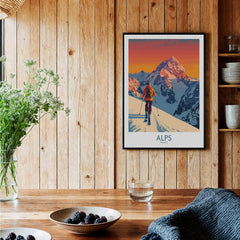 Alps Poster France featuring a skier in front of snowy mountains, perfect for ski enthusiasts and home decor.