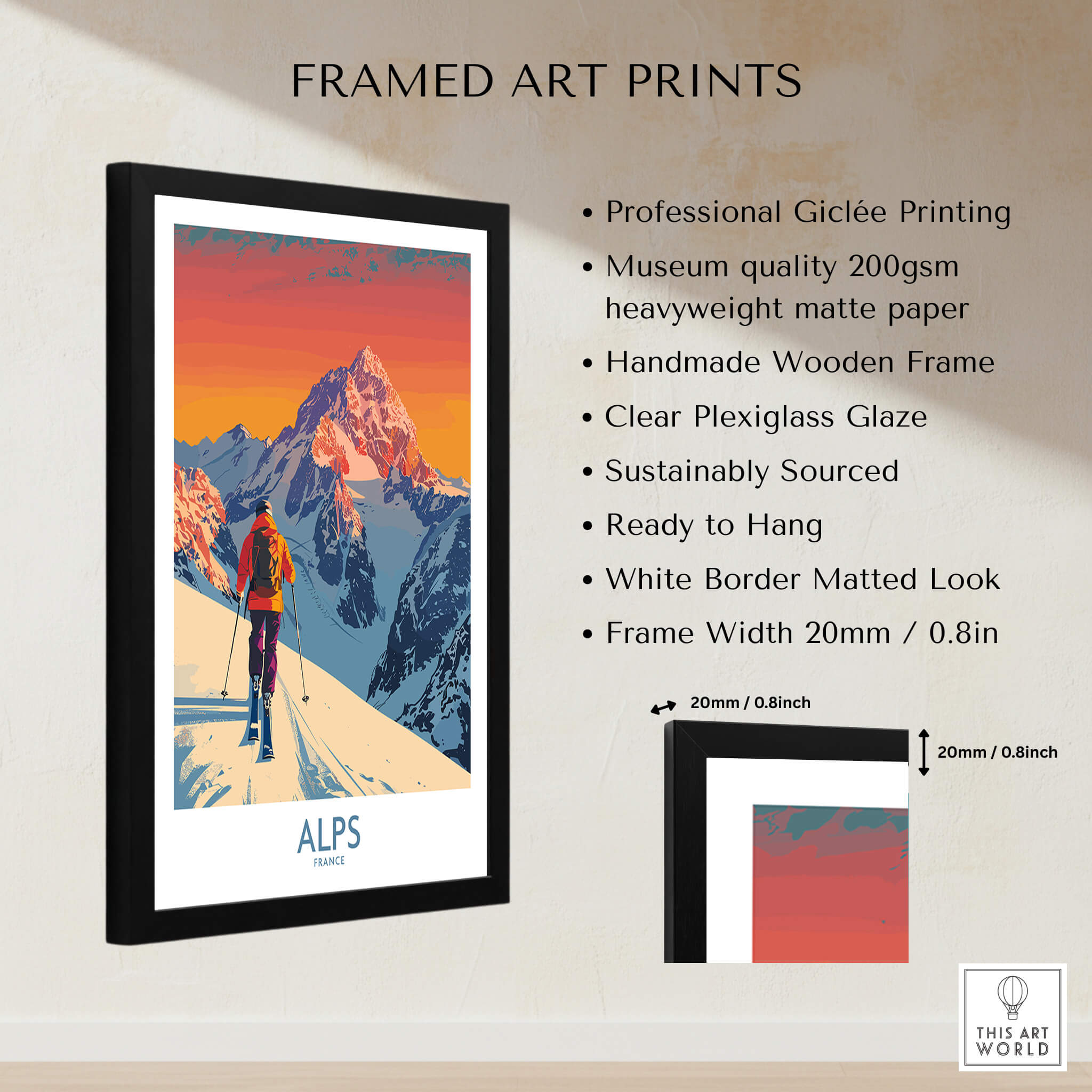 Framed Alps Poster France showcasing a skier in vibrant colors, perfect for home or office decor.