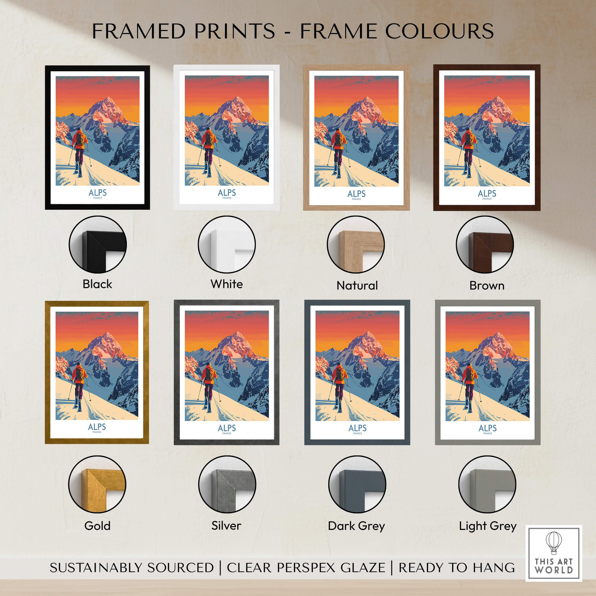 Alps Poster France framed prints with various frame colors including black, white, natural, brown, gold, silver, dark grey, and light grey.