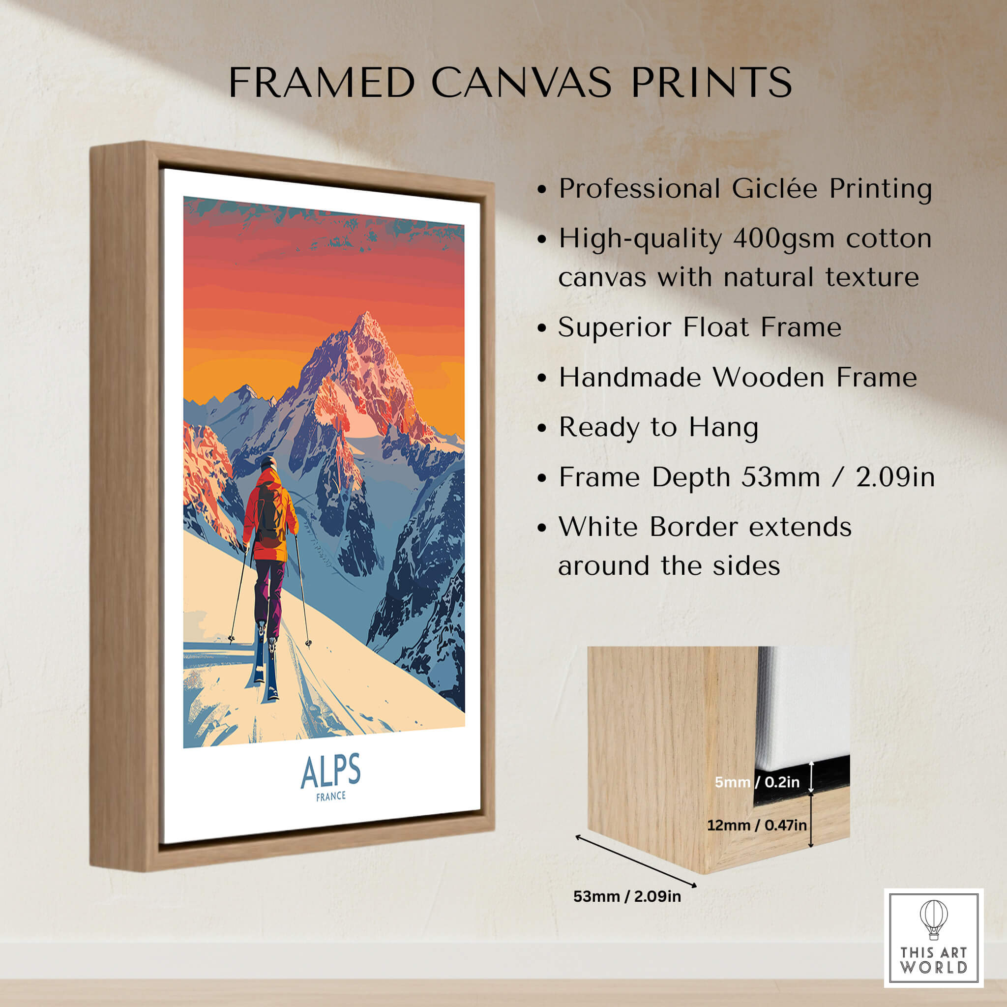 Framed Alps Poster France showcasing vibrant colors and high-quality giclée printing, perfect for ski enthusiasts.