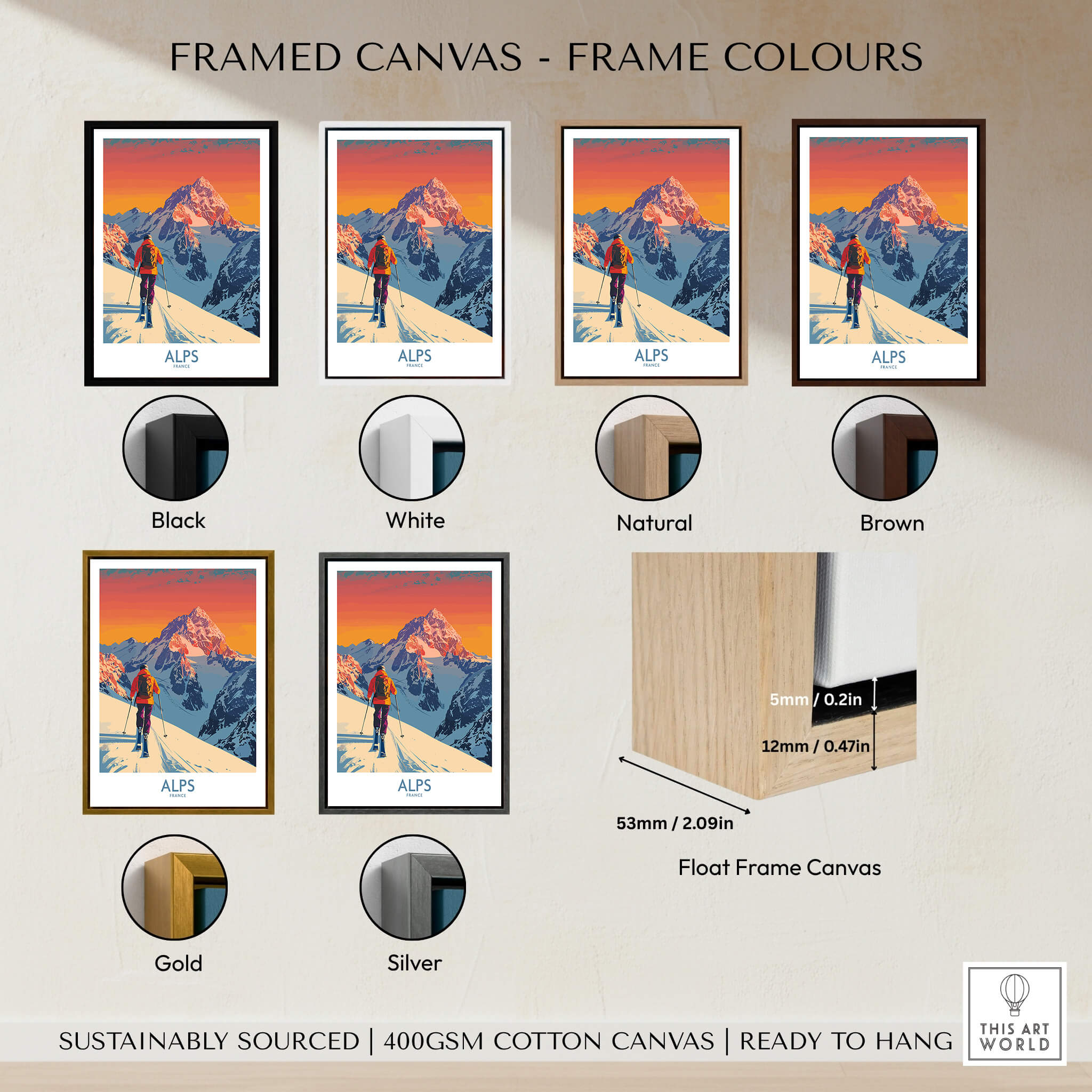 Alps Poster France framed canvas color options including Black, White, Natural, Brown, Gold, Silver.
