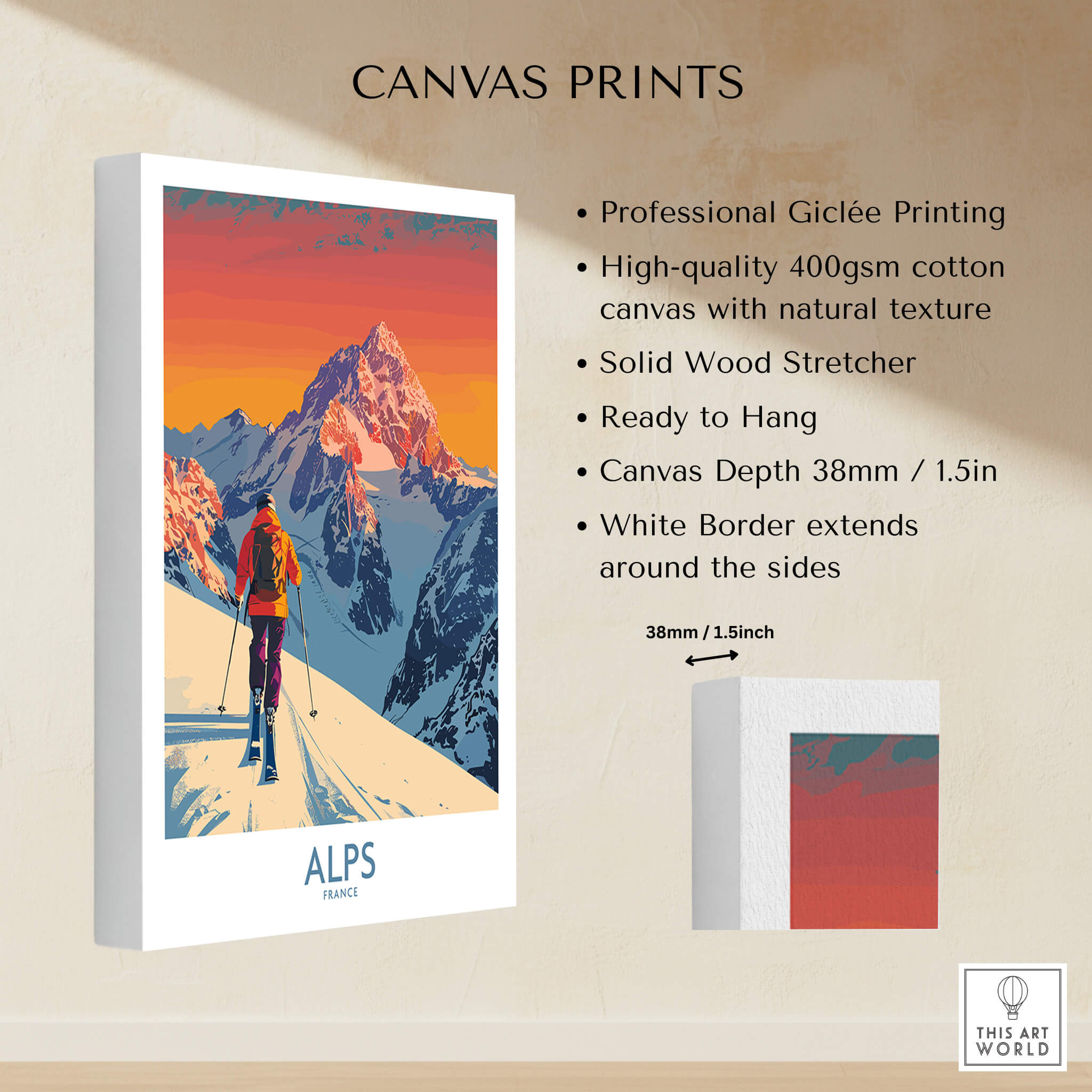 Alps Poster France showcasing vibrant colors and professional Giclée printing on canvas ready to hang.