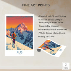 Alps Poster France featuring a skier in the majestic French Alps with vibrant colors and high-quality design.