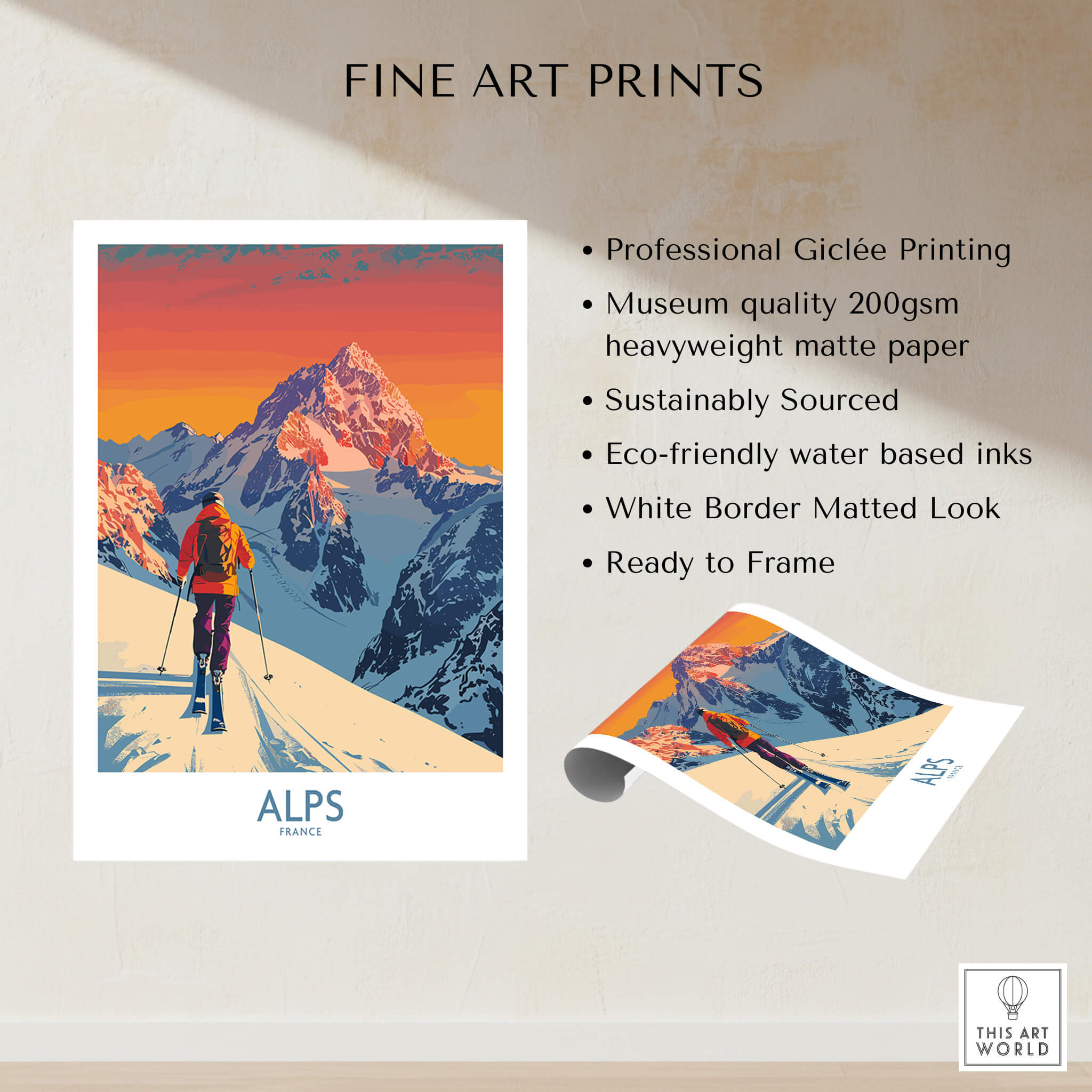 Alps Poster France featuring a skier in the majestic French Alps with vibrant colors and high-quality design.