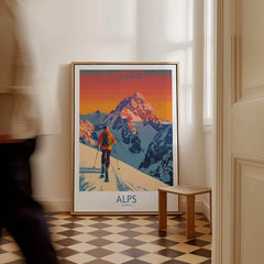 Alps Poster France displayed in a modern interior, showcasing vibrant colors and a skier against majestic mountain peaks.