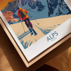 Alps Poster France showcasing a skier navigating the snowy landscape of the French Alps with vibrant colors.