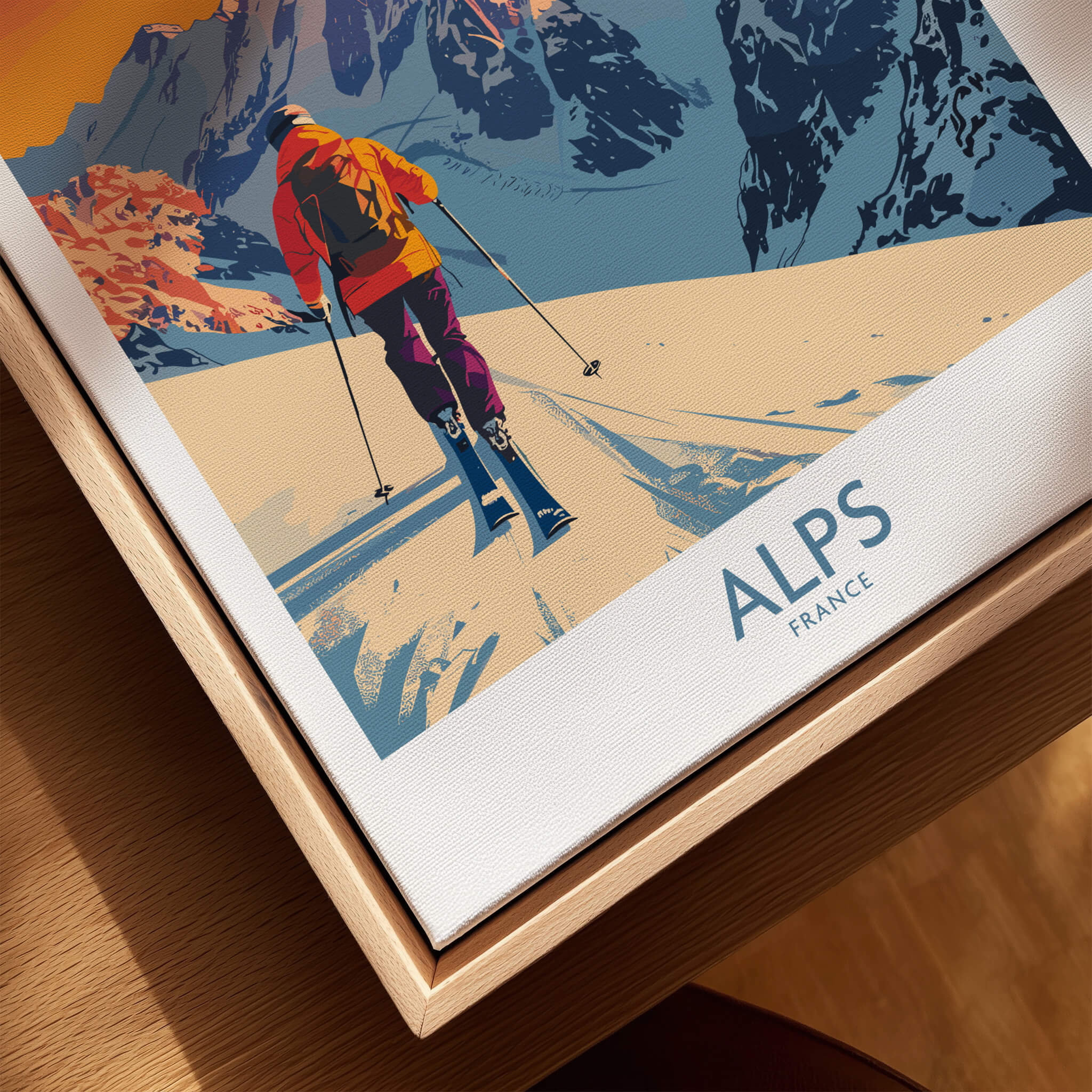 Alps Poster France showcasing a skier navigating the snowy landscape of the French Alps with vibrant colors.