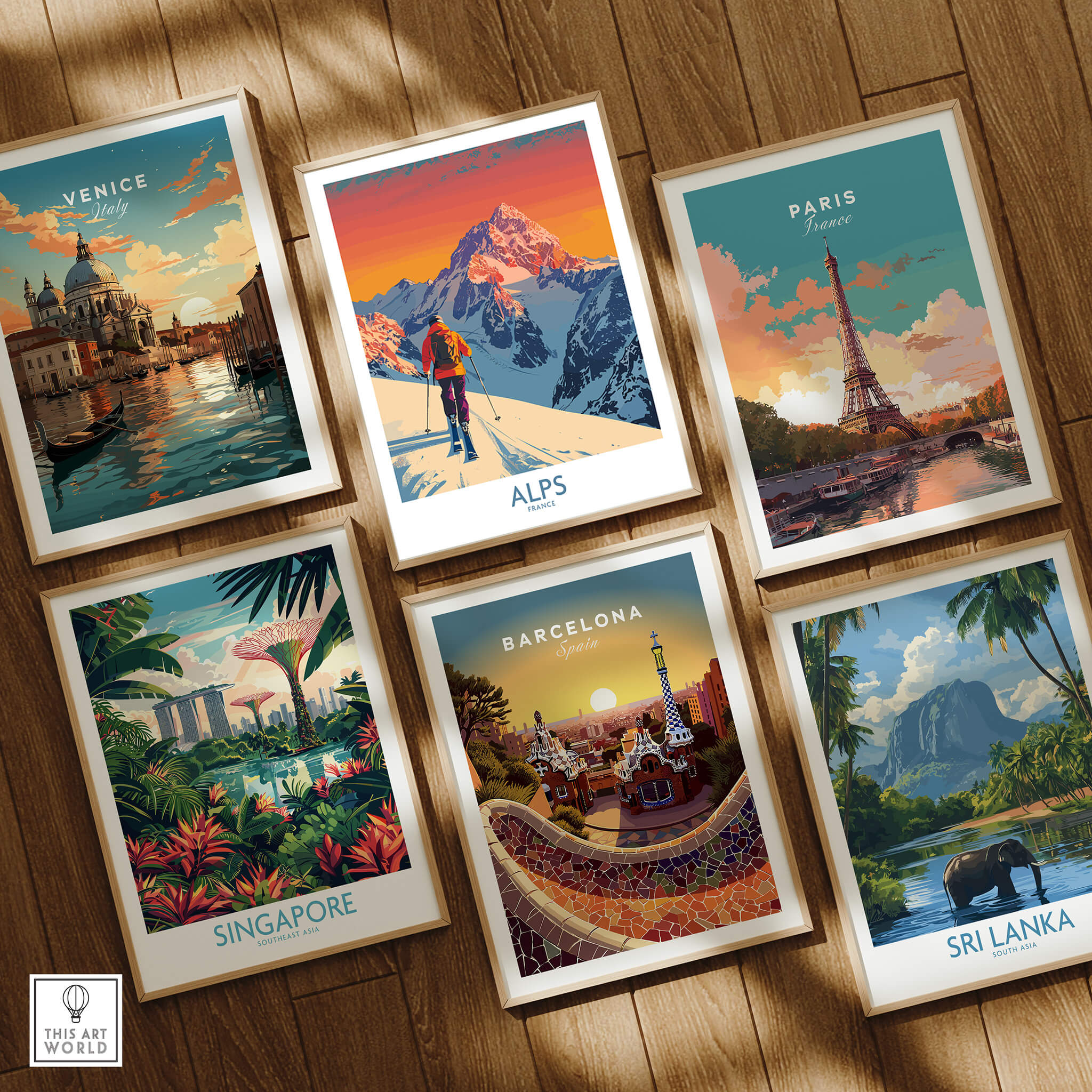 Alps Poster France showcasing vibrant design and ski themes among travel posters of Venice, Paris, Singapore, Barcelona, and Sri Lanka.