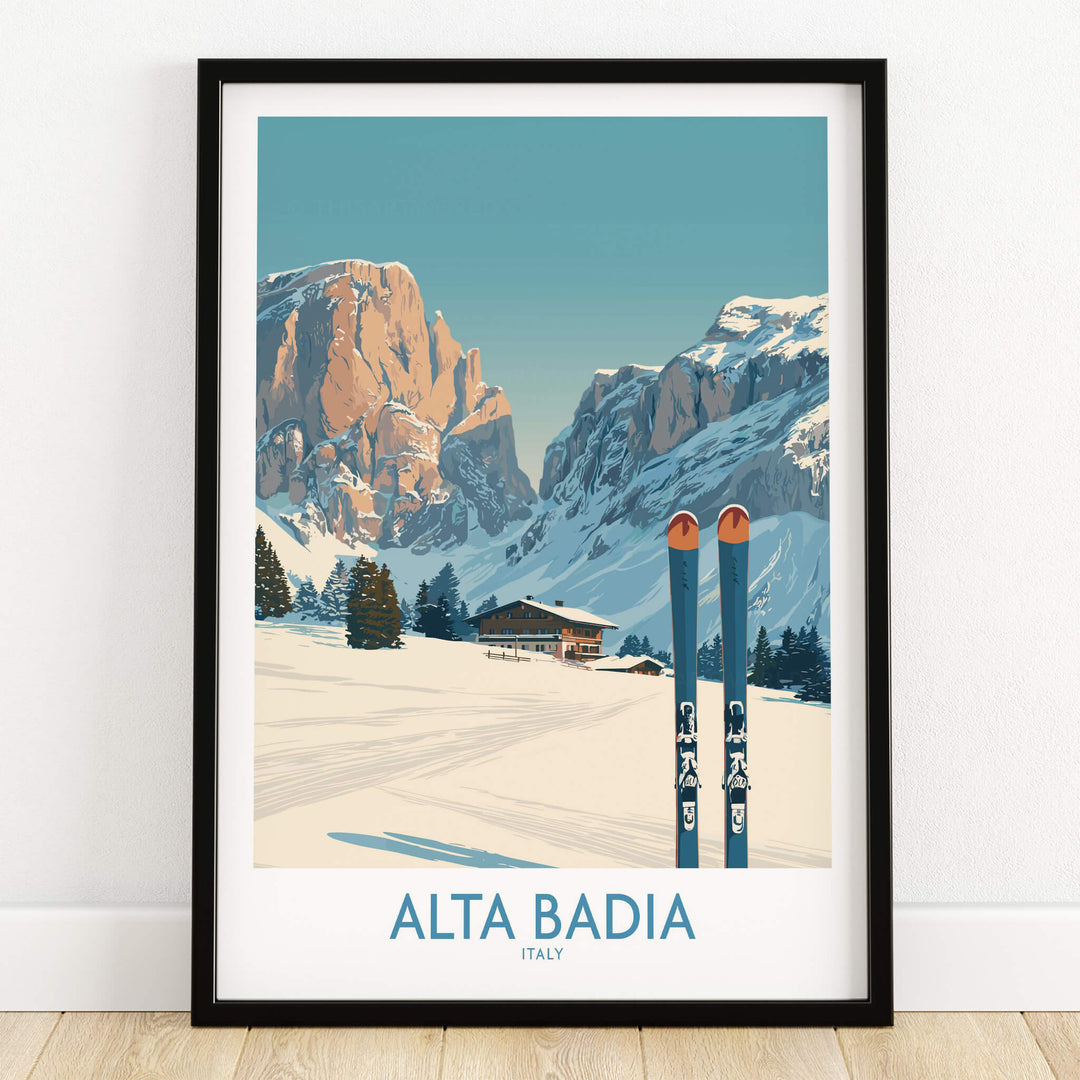 Alta Badia Italy Ski Wall Art - Italian Alps Travel Decor featuring stunning mountains and ski equipment.