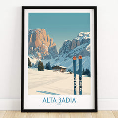 Alta Badia Italy Ski Wall Art - Italian Alps Travel Decor featuring stunning mountains and ski equipment.
