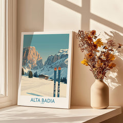 Alta Badia Italy Ski Wall Art - Italian Alps Travel Decor in a cozy room setting with flowers.