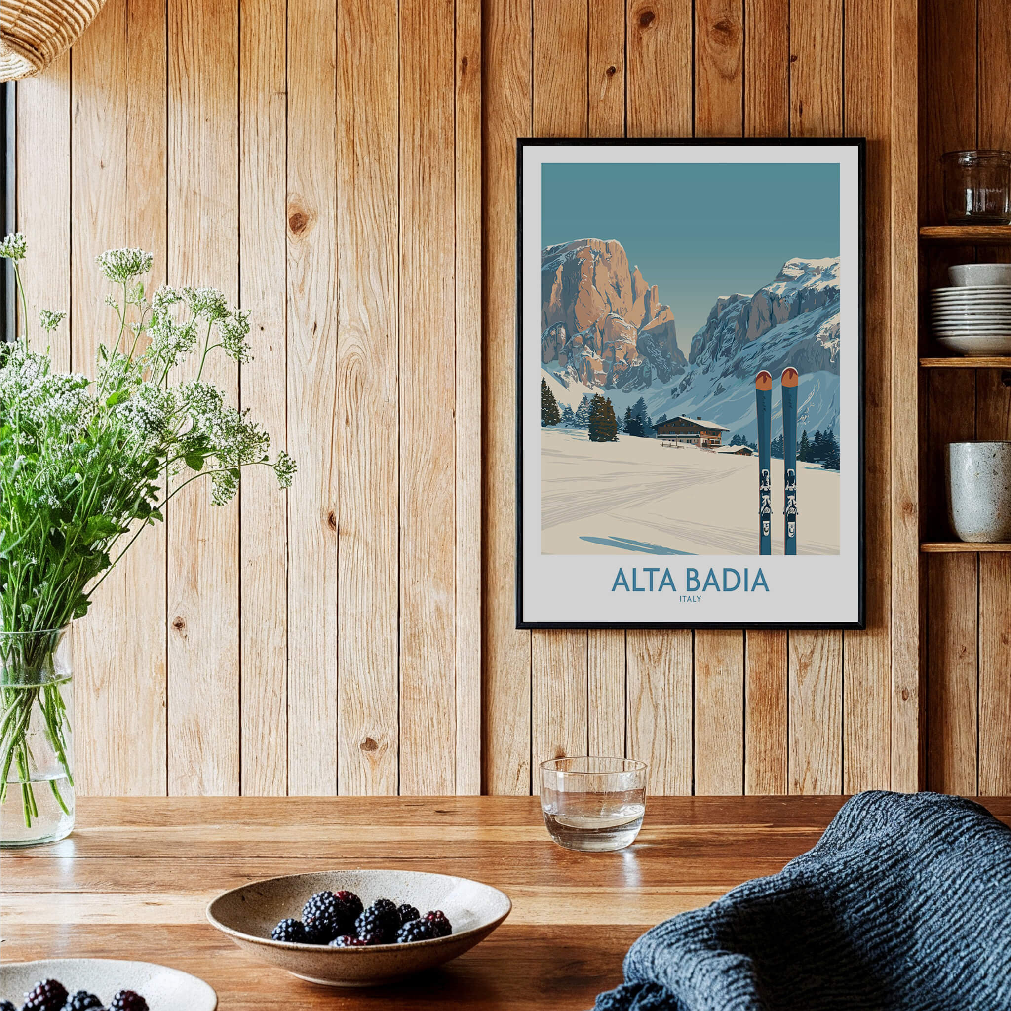 Alta Badia Italy Ski Wall Art - Italian Alps Travel Decor showcasing winter scenery and skiing equipment.