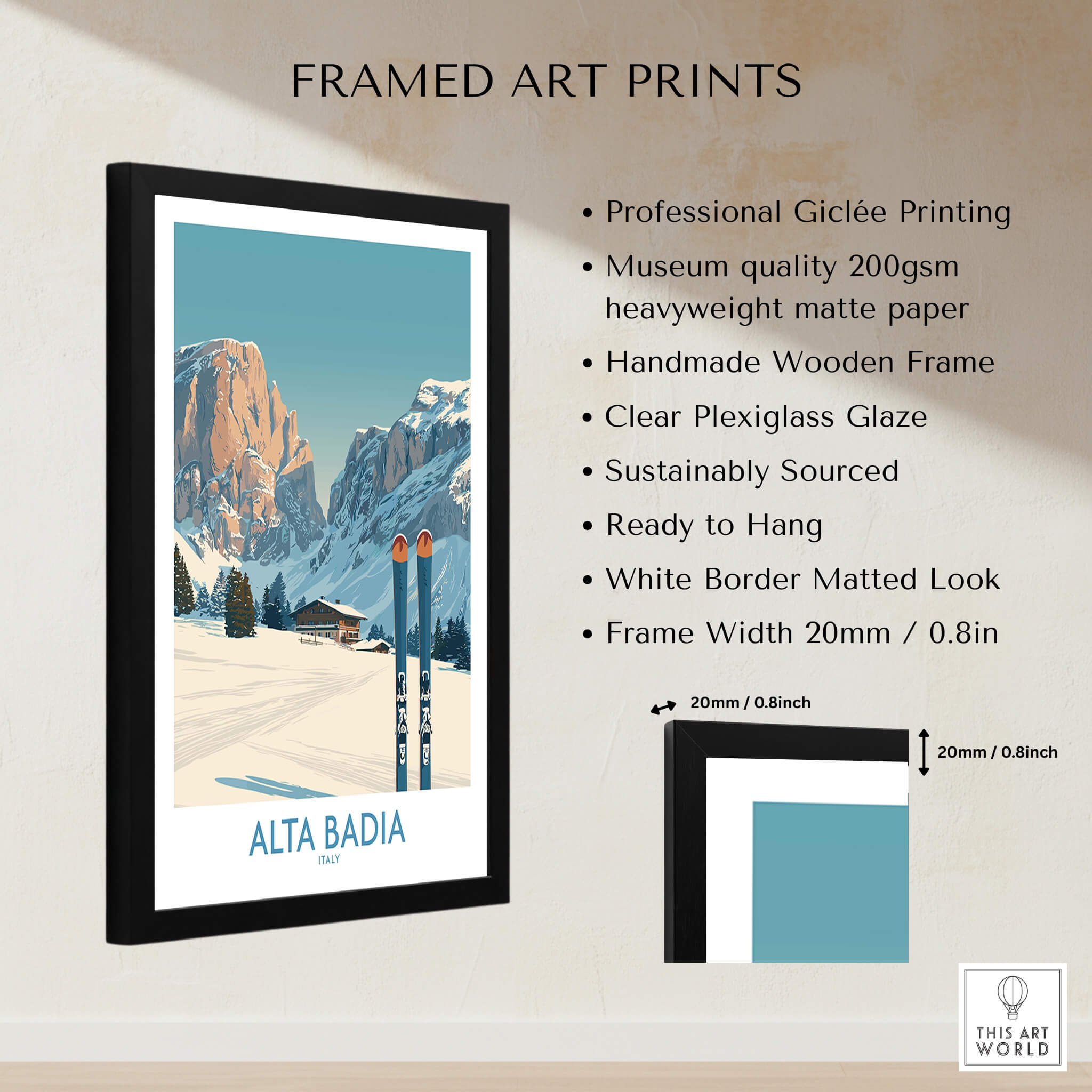 Alta Badia Italy Ski Wall Art - Italian Alps Travel Decor Framed Art Print with Professional Giclée Printing and Matte Finish.
