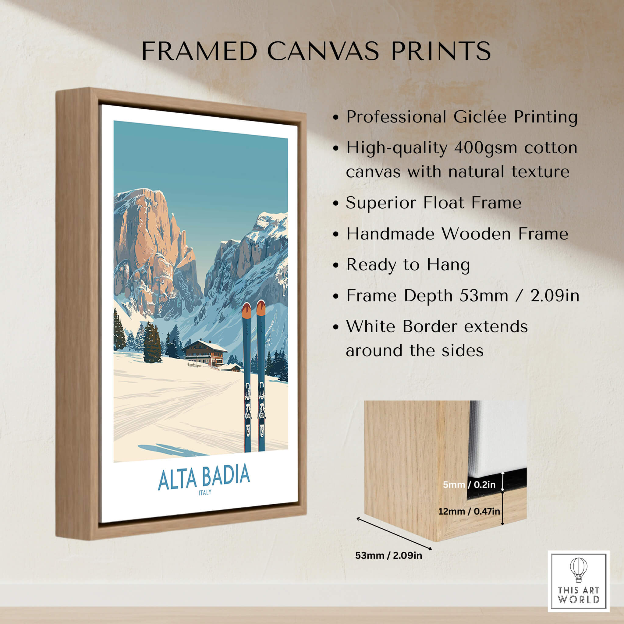 Alta Badia Italy Ski Wall Art - Italian Alps Travel Decor showcasing framed canvas print with alpine scenery.