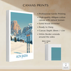 Alta Badia Italy Ski Wall Art - Italian Alps Travel Decor showcasing canvas print details and vibrant alpine scenery.