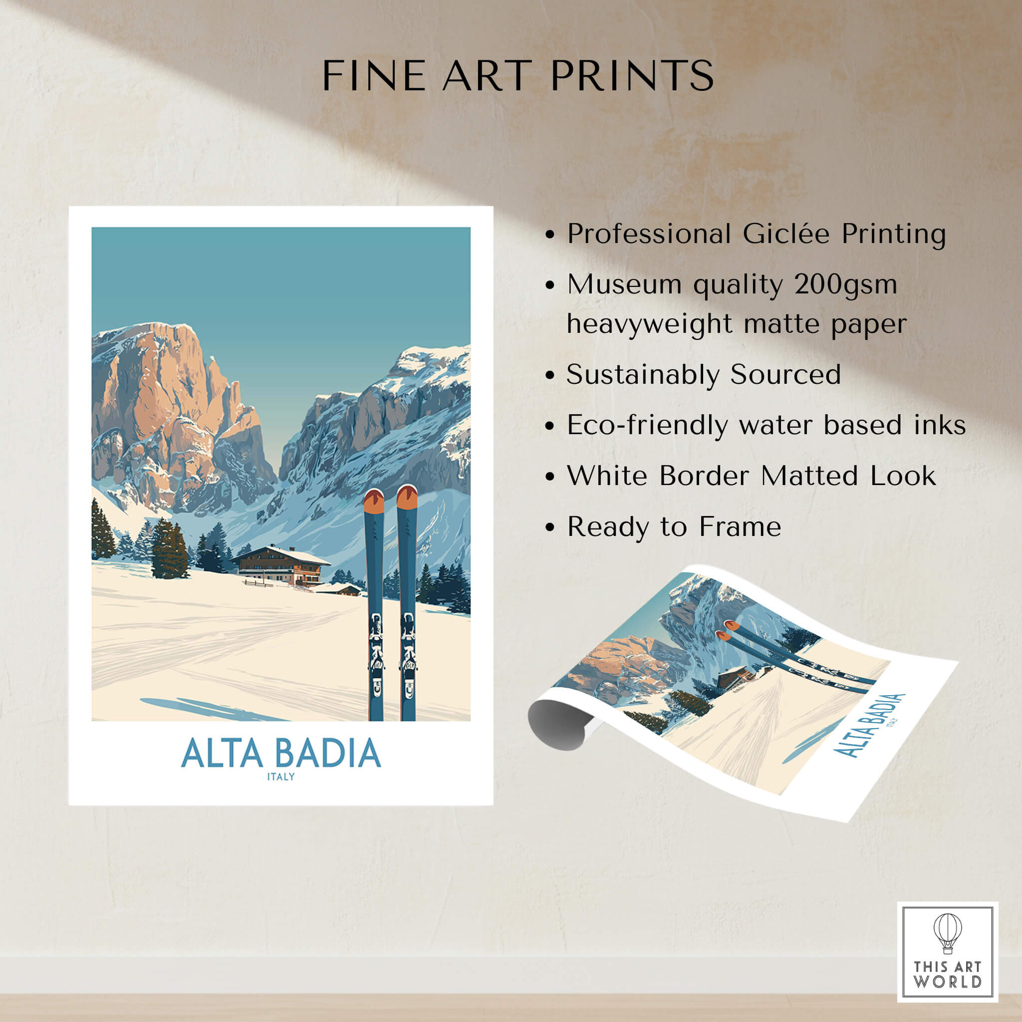 Alta Badia Italy Ski Wall Art - Italian Alps Travel Decor featuring fine art print details and winter landscape.