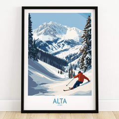 Alta Utah Skiing Adventure Print - Wasatch Mountains Winter Decor showcasing skier in snow-covered mountains.