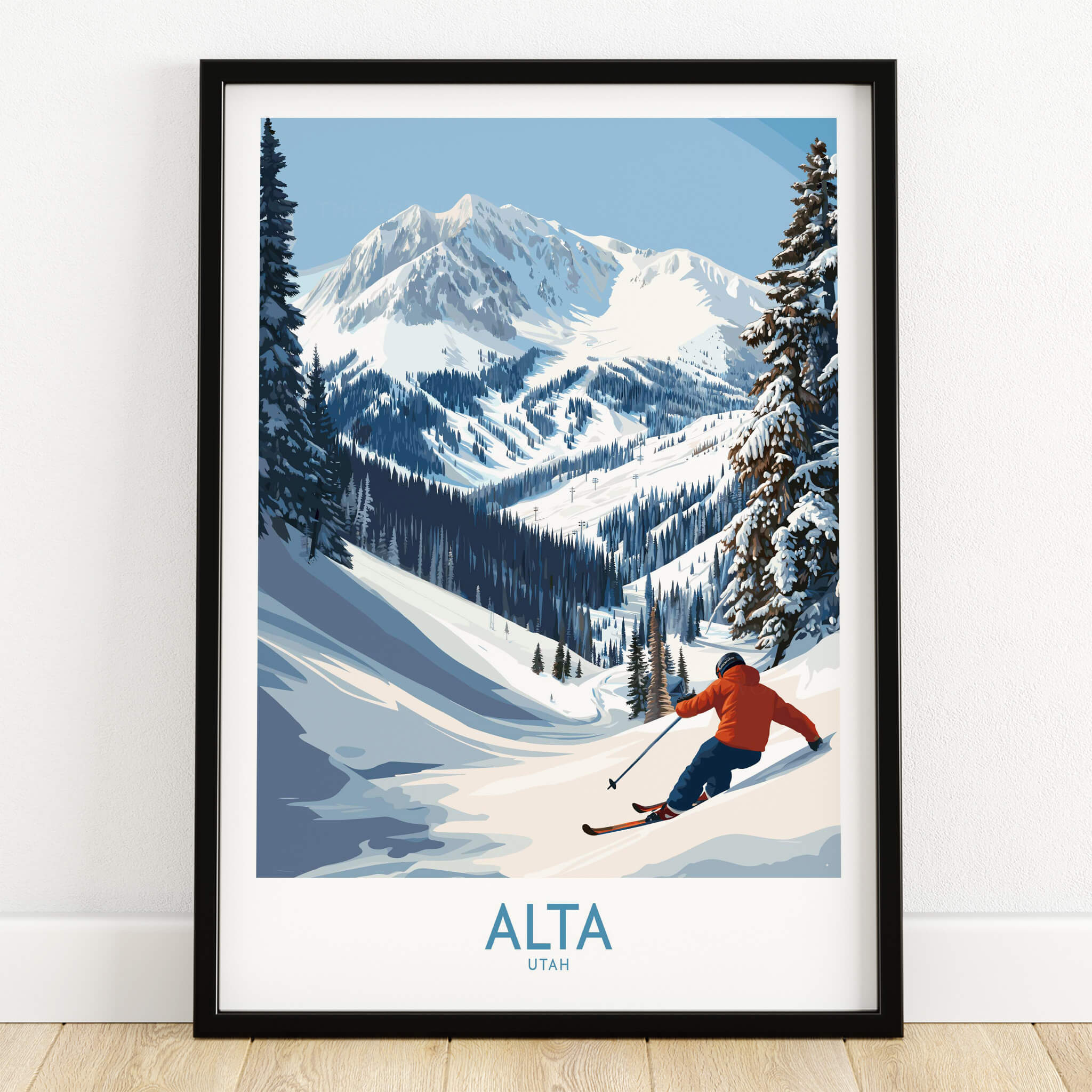 Alta Utah Skiing Adventure Print - Wasatch Mountains Winter Decor showcasing skier in snow-covered mountains.