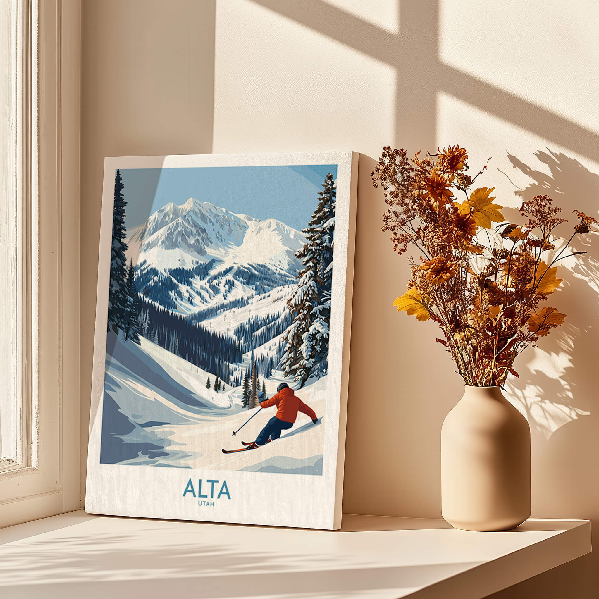 Alta Utah Skiing Adventure Print - Wasatch Mountains Winter Decor, featuring skier in snowy landscape with mountains.