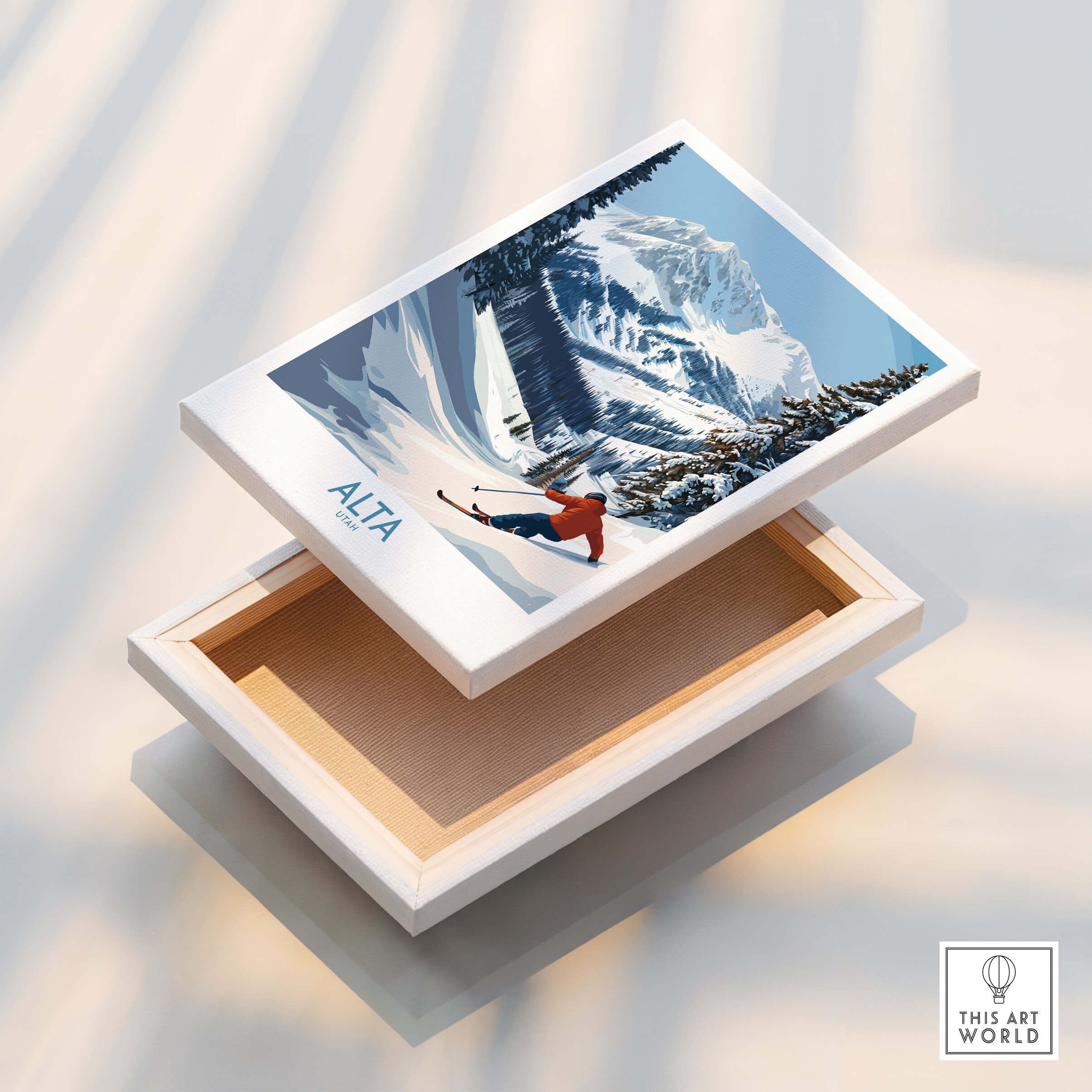 Alta Utah Skiing Adventure Print - Wasatch Mountains Winter Decor on a decorative box with mountain scene.