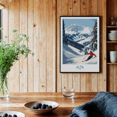 Alta Utah Skiing Adventure Print - Wasatch Mountains Winter Decor featuring a skier in a mountainous snowy landscape.