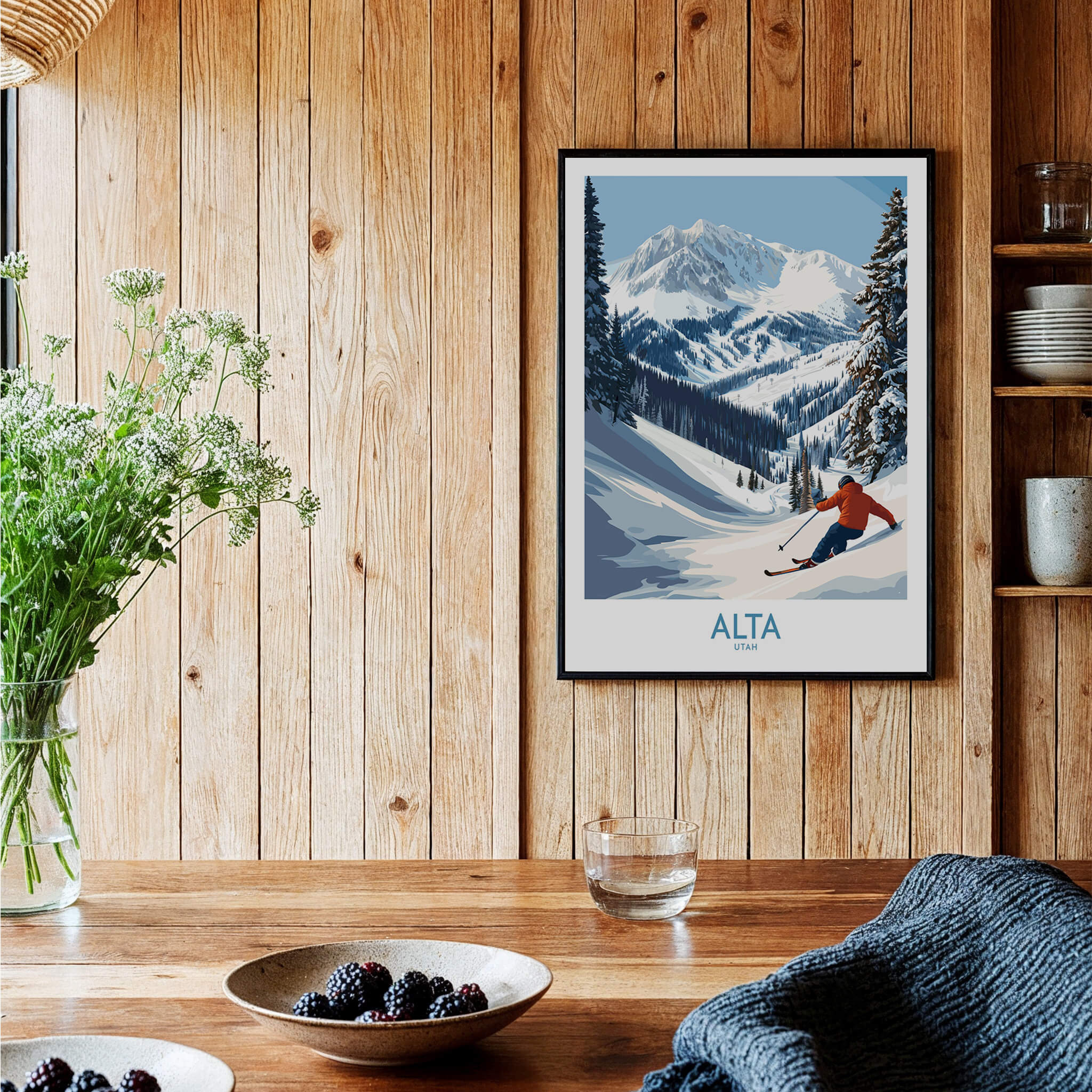 Alta Utah Skiing Adventure Print - Wasatch Mountains Winter Decor featuring a skier in a mountainous snowy landscape.