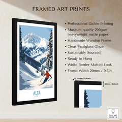 Alta Utah Skiing Adventure Print - Wasatch Mountains Winter Decor featuring framed art with snowy mountain scene.