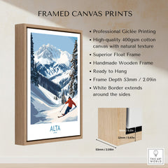 Alta Utah Skiing Adventure Print - Wasatch Mountains Winter Decor framed canvas print with mountain landscape and skier.