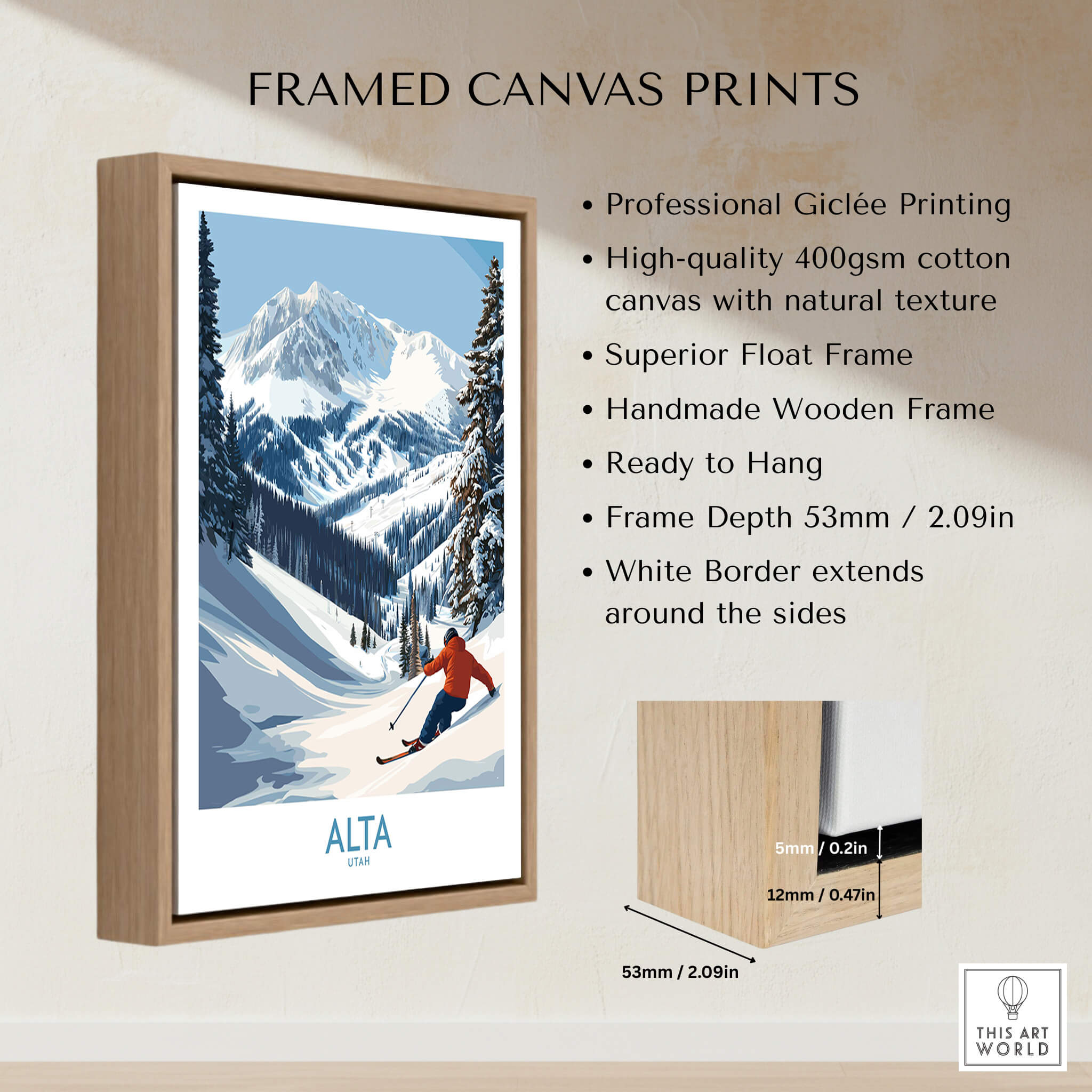 Alta Utah Skiing Adventure Print - Wasatch Mountains Winter Decor framed canvas print with mountain landscape and skier.