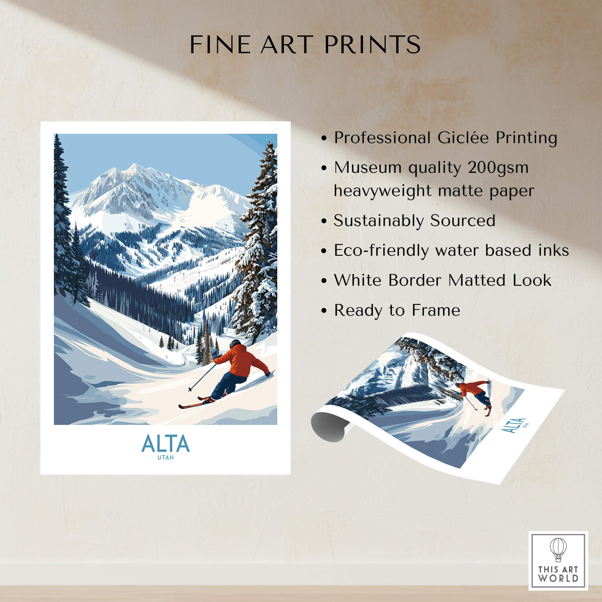 Alta Utah Skiing Adventure Print - Wasatch Mountains Winter Decor showcased with professional Giclée printing details.
