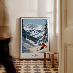 Alta Utah Skiing Adventure Print - Wasatch Mountains Winter Decor showcasing a skier in snowy landscape.