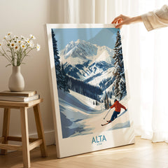 Alta Utah Skiing Adventure Print - Wasatch Mountains Winter Decor displayed in a cozy living room setting.
