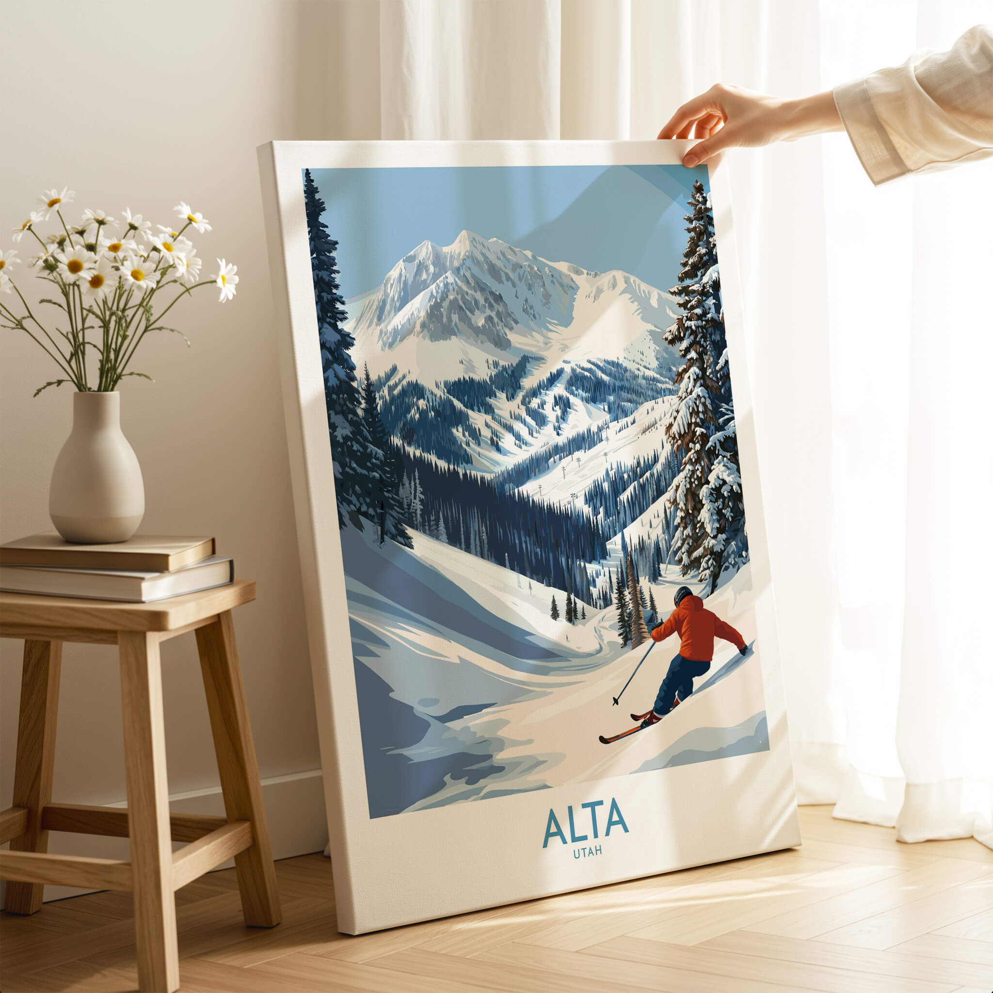 Alta Utah Skiing Adventure Print - Wasatch Mountains Winter Decor displayed in a cozy living room setting.