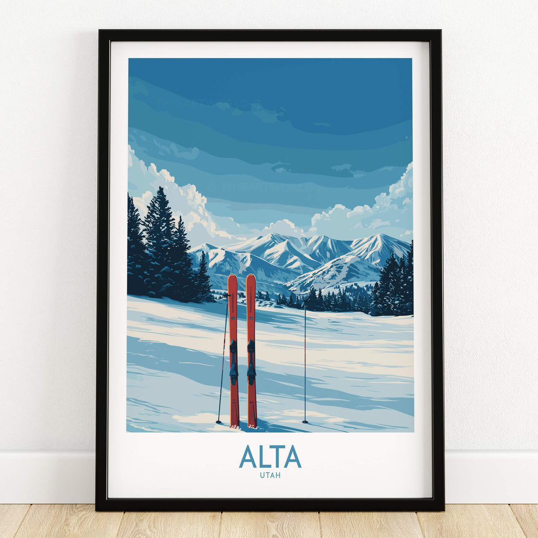 Alta Utah Winter Mountain Landscape Poster - Utah Skiing Decor featuring vibrant skis against a snowy mountain backdrop.